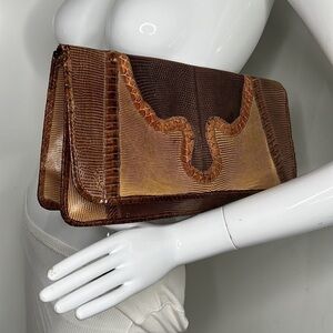 Carlos Falchi Mixed Exotic Snakeskin, Lizard, Ostrich Snap Envelope Clutch Bag